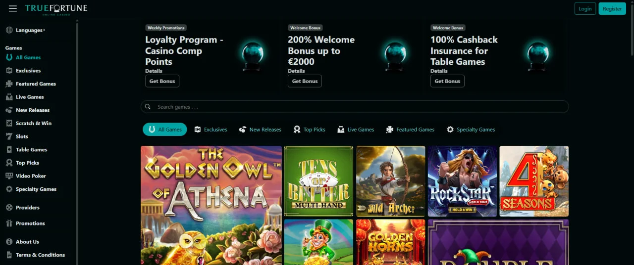  True Fortune Casino homepage featuring game menu, bonus banners, and a selection of popular slot machines